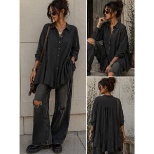 We The Free Freya Poplin Tunic Black Cotton Button Down Distressed Hem Sz S Boho